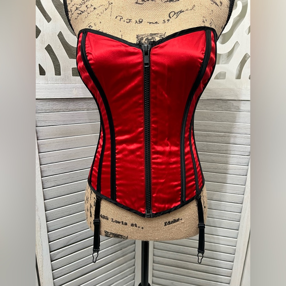 Fredericks of Hollywood Red Satin Sweetheart Corset with Front Zipper